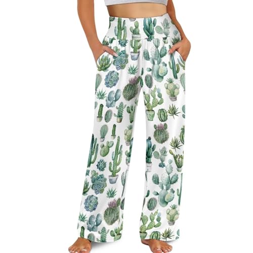 Women's Wide Leg Pants High Waisted Lounge Palazzo Pants Casual Loose Beach Pant Travel Trousers with Pockets
