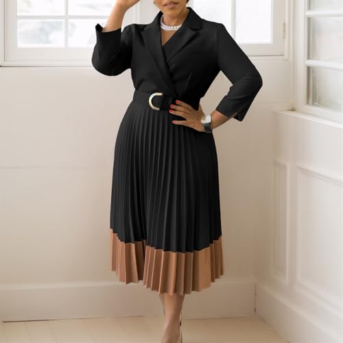 Women's 3/4 Sleeve Pleated Dress Midi Dress with Belt V Neck Business Elegant Dresses Formal Lady Dress2