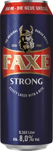 FAXE STRONG - 8% Lagerbier (20x568ML) - Intensives Lagerbier mit 8% vol. Dänisches Bier mit fruchtigen Nuancen. Vielschichtiges Dosenbier, ideal für Grillabende, Festivals & Partys