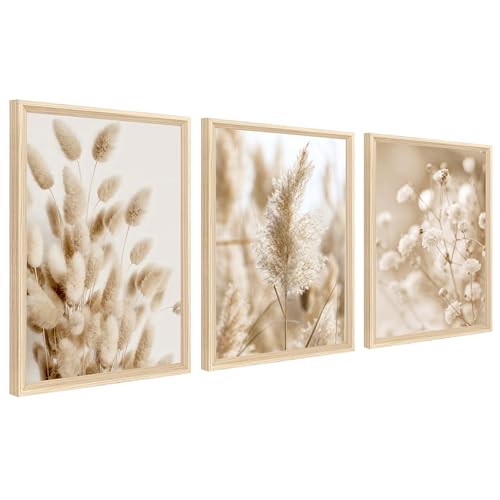 3Pcs Cadre en bois Impression sur Toile Fleurs Sauvages Botanique Tableau Affiche Beige Pampas Grass Sage Floral Tableau Decoration Murale Salon Chambre Maison...
