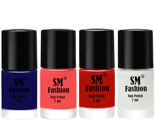 Image of Nail Polish Combo Set (Pack of 4) Quick Dry Gel Finish Nail Paint | Dark Blue,Light Pink,Red Orange,White | 7 ml Each