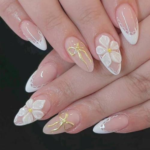 Image of 3D White Flower Press on Nails White French Tip Fake Nails Medium Almond False Nail with Gold Bow Design Reusable Glossy Full Cover Stick on Nail for Women Manicure 24Pcs