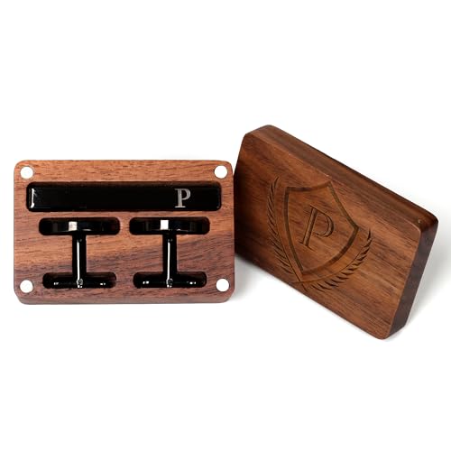 Image of Mens Initial Cufflinks and Tie Clip A-Z Alphabet Letter Black Stainless Cuff Links Tie Bar with Engraved Walnut Wood Box Groom Groomsman Wedding Set