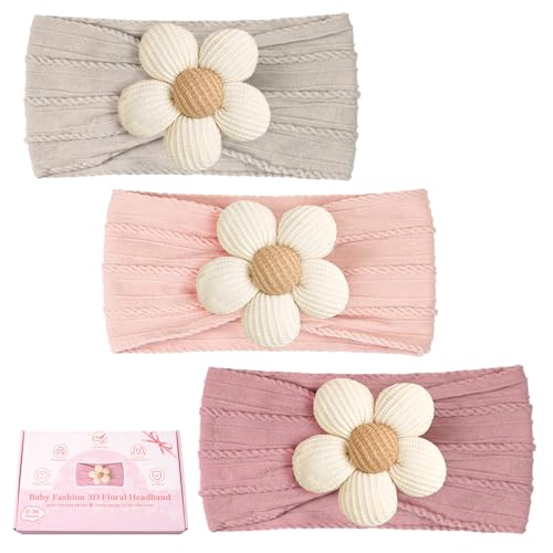 Image of CÉLLOT Baby Flower Headbands Baby Girls Nylon Headbands Baby Essentials Stretchy Hairbands Handmade Hair Accessories for Newborn Infant Toddlers Kids (Pink,Khaki Gray,Dusty Pink)