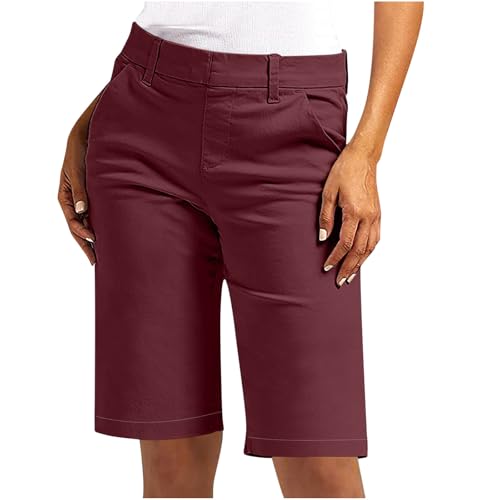 Bermuda Shorts for Women Dressy High Waist Lounge Short Pants with Pockets 2025 Trendy Straight Leg Work Shorts(Wine,Large)