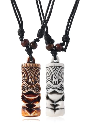 2 PCS Hawaiian Protection Amulet Lucky Pendant Necklace Set Tiki Fish Hook Turtles Tortoise Shark Wolf Tooth Caved Satue Pendant Necklace Handmade Polynesian Ethnic Tribal Vintage Surfer Beach Necklaces for Men Women