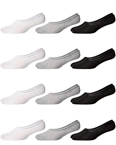 Body Glove Women's No Show Liner Socks with Non-Slip Grip (12 Pack), Black/White/Grey