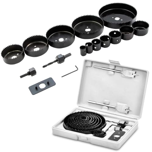 BLUESEABUY 18 Pièces Coronas Perforadoras 19-127mm Sierras de Corona Taladro Corona para Madera con Llaves Hexagonales y Broca para Madera Pladur Plástico