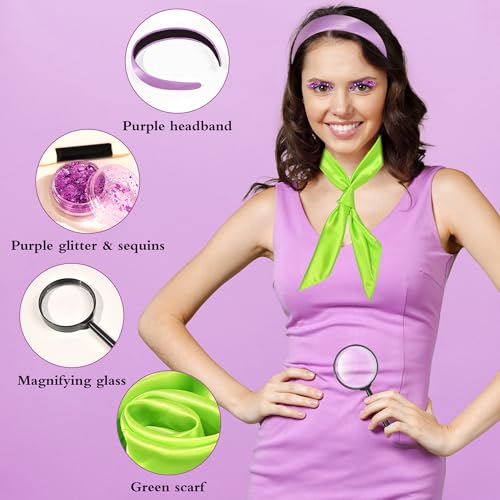 MUKOSEL Halloween Costume for Women Adult with Headband, Green Neck Scarf, Magnifying Glass and Body Glitter, Halloween Classic Movie Character Costume Accessories Cosplay Party Supplies4