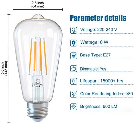 DGO E27 LED Bulb, Dimmable Energy Saving Light Bulbs, ST64 Screw Edison Light Bulbs 6W (Equivalent to 60W), Warm White, 6 Pack