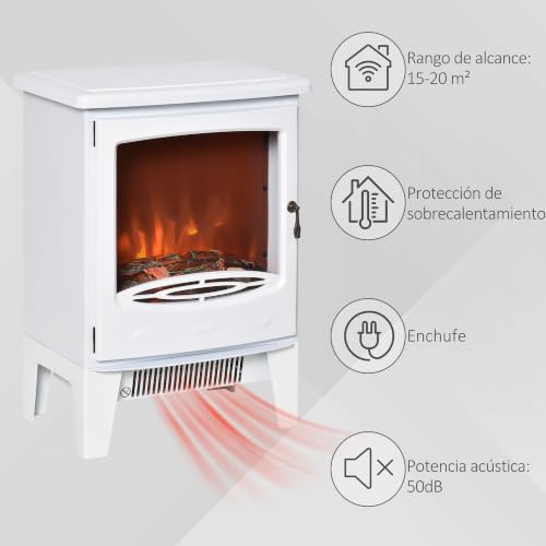 Miniatura 5 de Homcom Chimenea Eléctrica Portátil De 900 1800w Con Efecto De Llama Termostato Ajustable Y Protección Sobrecalentamiento Hasta 20 M 39x26x54,8 Cm Blanco