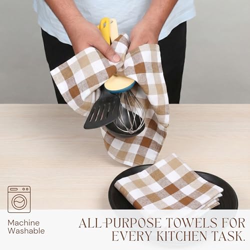Image of Checked Dish Towels 4 Pack, 18x26 Inches, Quick Dry Towels for Kitchen, Durable, Reusable, Absorbent Wash Cloths Set, Washable Fabric, Heavy Duty for Daily Use - Brown, Beige, White