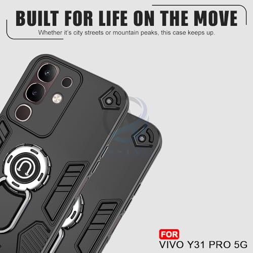 Image of AESTMO Vivo Y31 Pro 5G 5G Back Case Cover | Tough Armor Bumper | Ring Holder & Kickstand in-Built | 360 Degree Protection Cover for Vivo Y31 Pro 5G (Black)