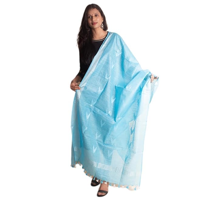 m/s gr handloom Women's Bhagalpuri Linen Cotton Blend Handloom Ikkat Dupatta (Stole) with Silver Zari Border-picture-50
