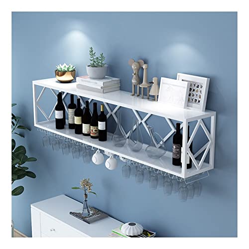 NGAMITSX Vinoteca Flotante con Barra de Pared, Soporte Multifuncional de Hierro para Botellas de Vino, Estante invertido para Copas y Soporte Colgante Simple, Color Blanco, 120 x 25 x 40 cm
