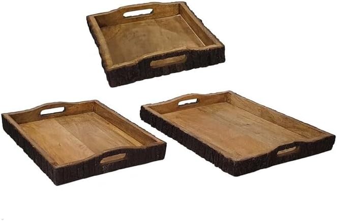 HomeStock French Fabulous 20" 16" Set of 3 Wood Serving Trays Natural Brown Tree Bark Accent Durable Elegant Frames Cut Out Handles for Transport