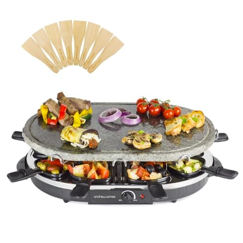 Andrew James Electric Raclette Hotplate Party Non Stick Grill Machine Oval Stone Hot Plate Cooks Evenly and Retains Heat 8 Fondue Cheese Pans and Wooden Spatulas Set 1200W Thermostat Control