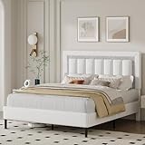 HOMBCK Queen Bed Frame with Headboard, Faux Leather Upholstered Bed with Wooden Slats Support, Bed Frame Queen, Diamond Vertical Stripe Design, Mattress Foundation, No Box Spring Needed, White