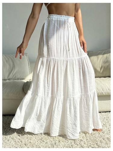 OYOANGLE Women's Beach Cover Up Skirt Drawstring Tiered Maxi Skirt Swimsuit Coverups2