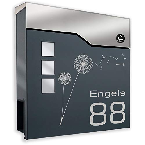 Zalafino Briefkasten mit Funkklingel – Anthrazit RAL 7016 – Individualisierbarer Design-Briefkasten aus pulverbeschichtetem Stahl