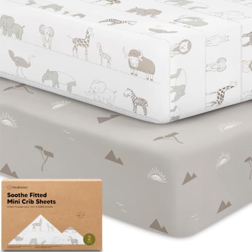 Image of 2pk Mini Crib Sheets Fitted 38x26 Pack N Play Mattress Sheet (Savannah) | Organic Cotton Sheets for Pack and Play Mattress, Soft, Breathable Playard Bedding Sheet, Mini Toddler Bed Cover, Boys, Girls