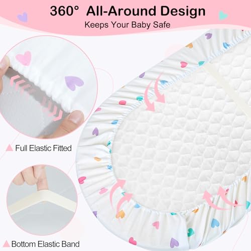 Image of FIOBEE Baby Bassinet Sheets for Girls Boys 2 Pack Waterproof Bassinet Mattress Elastic Fitted Crib Sheets Universal Fit for Hourglass Oval and Rectangle Bassinet Sheet, White & Pink