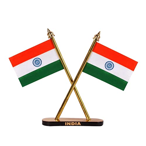 Jtku Handicraft Flag Indian Flag Hindustan Tiranga for Car Dashboard Table Home Decoration Decor Cross Design Stand - Double Sided Cross Flag Stand