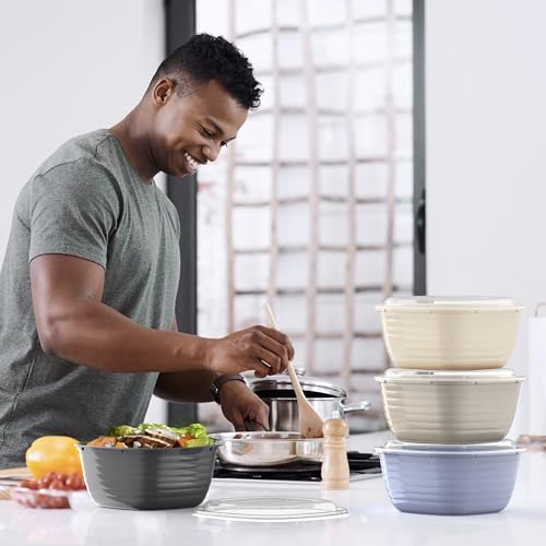 Image of Bentgo Prep - 1-Compartment Bowls with Custom-Fit Lids - Reusable, Microwave Safe, Durable, PFAS & BPA-Free, Freezer & Dishwasher Safe Meal Prep Food Storage - 10 Bowls & 10 Lids (White Stone Tan)