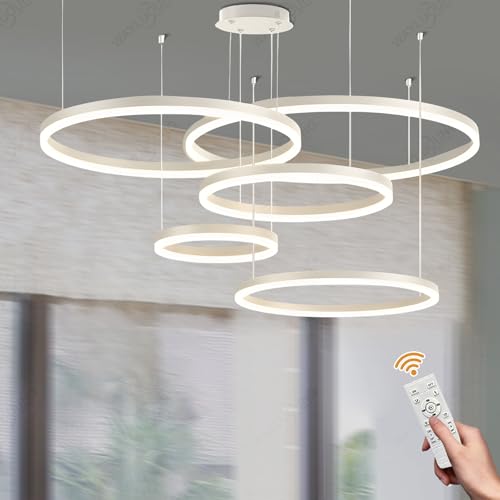 Lustre LED 5 cercles 130W plafonnier suspendu variable blanc pour grand salon