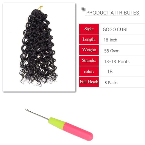 8 Packs Curly Crochet Hair GoGo Curl Crochet hair for Women Natural Black Deep Wave Braiding hair,Synthetic Bohemian Crochet Braid Water Wave Crochet hair Extensions(18inch, 1B)