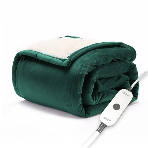 Sunbeam Electric Throw Royal Mink Sherpa Heated Blanket, 4 Heat Settings, 4-Hour Auto Shut-Off, Fast Heating, Luxurious and Ultra Comfy, Botanical Green Color, 50' x 60'