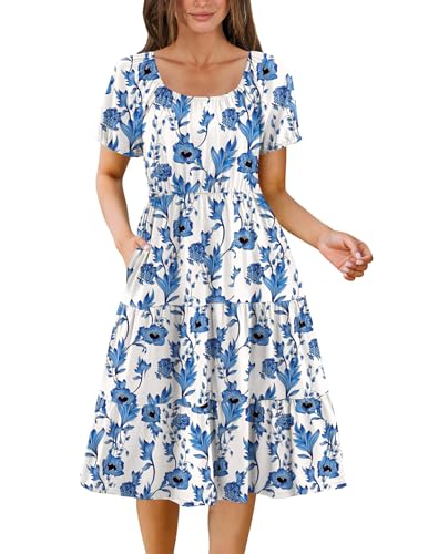 Zeagoo Women's Summer Dress Casual Puff Sleeve Square Neck Midi Dresses Tiered Beach Vacation A-Line Sundress with Pockets