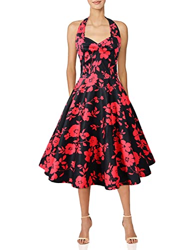 Shinningstar Womens' 50s Retro Halter Floral Polka Dot Big Swing Vintage Garden Picnic Dress (L, red Flowers and Black)