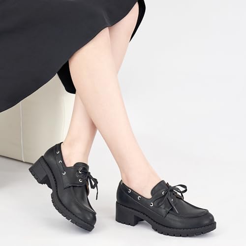 Image of Ablanczoom Platform Oxford Shoes for Women : Lace Up Women's Platform Chunky Loafers with Lug Sole Dress Shoes for Work Business Black