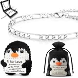 Kit Presente Romântico Pulseira Bracelete Masculina Feminina Aço Inox cor Prata Pinguim Crochê Namorado Namorada Marido Esposa Mulher Homem - Pronto para Presentear Natal dia dos Namorados Aniversário