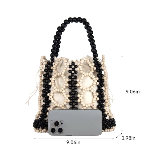 Image of YYW Unique Handmade Wooden Bead Tote Bag for Women, Small Handwoven Clutch Purses Woven Bucket Handbag and Drawstring Handbag