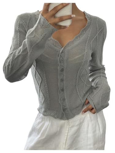 MakeMeChic Women's Button Down Cardigan V Neck Long Sleeve Slim Fit Cable Knitted Sweater