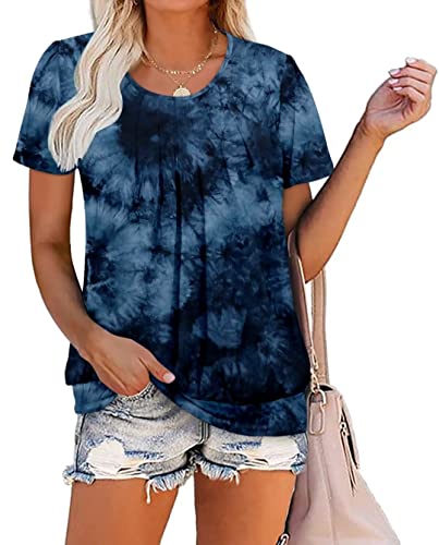 Zolucky Womens Casual Plus Size Tunic Tops Summer Short Sleeve Blouses Tops Round Neck Dye Loose Tunic Tops, Tie Dye Blue 3X-Large #TOP17