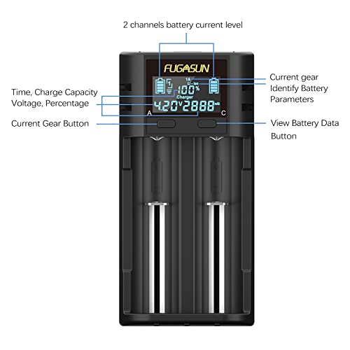 FUGASUN Cargador de Batería USB Inteligente, Cargador de Pilas 21750 21700 18650 20700 22700 26650 26700 16340 (RCR123) 17650 17670 con Placa de Protección PCB, 5V DC 2A, Negro - imagen 3