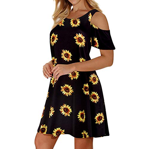 Misyula Style Womens Summer Cold Shoulder Floral Flowy T-Shirt Dress with Pockets