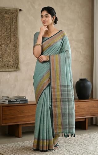 Image of SWORNOF Women's Linen Cotton Silk Saree with Unstitched Blouse Piece | Saree for Women | Saree with Blouse Piece | Soft and Skin Friendly