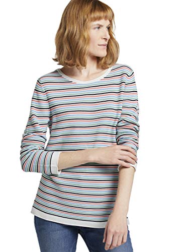 TOM TAILOR Damen Basic Strickpullover aus Bio-Baumwolle, 26249 - Peach Multicolor Stripe, L – Ansicht 5