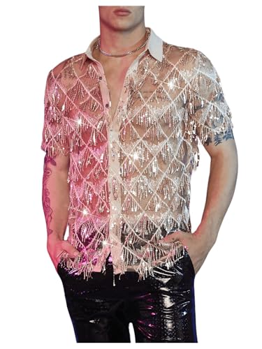 WDIRARA Men's Sequin Decor Fringe Button Front Shirts Short Sleeve Sheer Party T Shirt