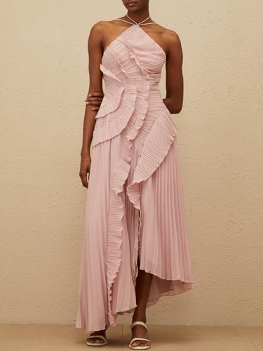 Image of Women Y2k Backless Long Dress Halter Tie Neck Maxi Dress Flowy Beach Sundress Summer Streetwear