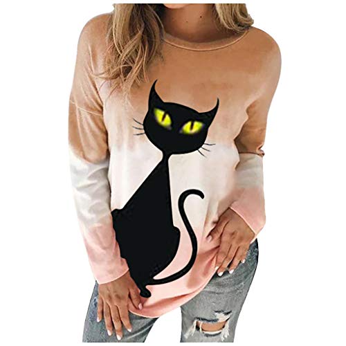 Meikosks Cats Print Tops Womens Long Sleeves T Shirt Cute Graphic Pullover Casual Plus Size Blouses Khaki