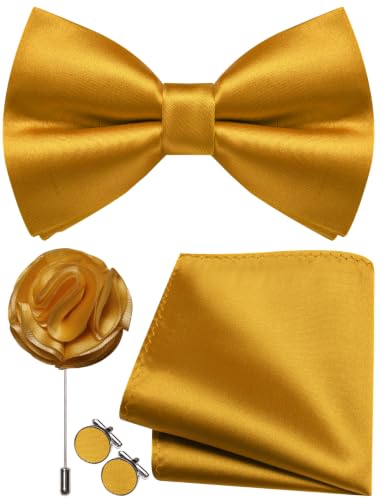 Image of Solid Color Bow Ties for Men Silk Pre-tied Tuxedo Bowtie Set 4PCS | Pre-tied in 3 seconds,adjustable 4PCS bow tie and pocket square cufflinks lapel pin set,wedding,formal,party,prom,graduation