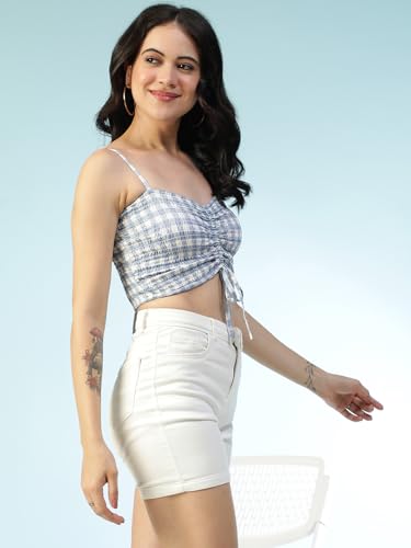 Image of oxolloxo Women Satin Chiffon Print V-Neck Smocked Shoulder Strap Sleeveless Tie-Up Detail Crop Top