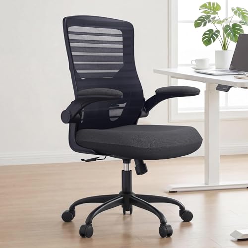 Image of Office Desk Chair for Long Hours & Lower Back Pain Relief - 4 inch Thick Molded Foam Cushion, Enhanced Lumbar Support, Padded Flip-up Armrests, Ideal for Office or Study, Black