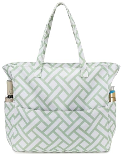 Bolsa de playa impermeable extra grande con cuadros verde salvia y compartimento húmedo