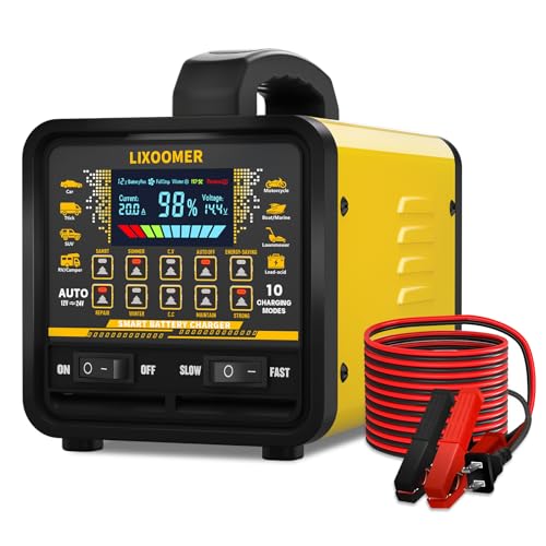 Upgraded 12V/24V 0-20A Car Battery Charger Heavy Duty, Smart Trickle Charger Maintainer with Auto Shutoff, Repair & Winter Mode, 10 Modes & Color Screen for Car, Truck, Motorcycle, Boat, Lawn Mower